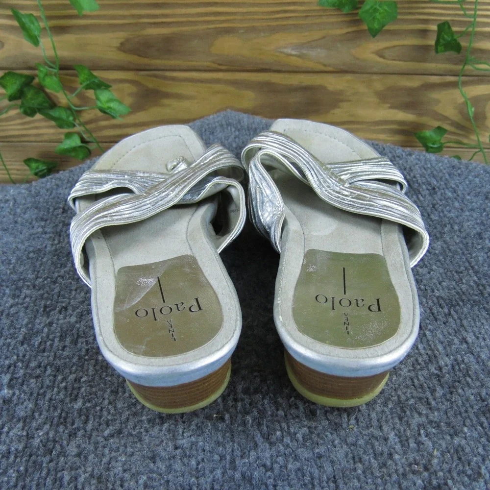 Linea Paolo Silver Metallic Criss Cross Toe Thong Wedge Sandals Slides Size 10.5